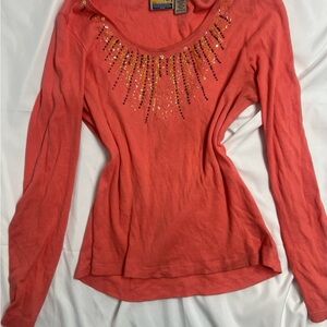 Embellished Coral Long-Sleeve Scoop Neck Top